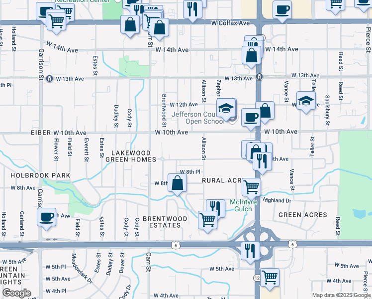 map of restaurants, bars, coffee shops, grocery stores, and more near 947 Allison Street in Lakewood