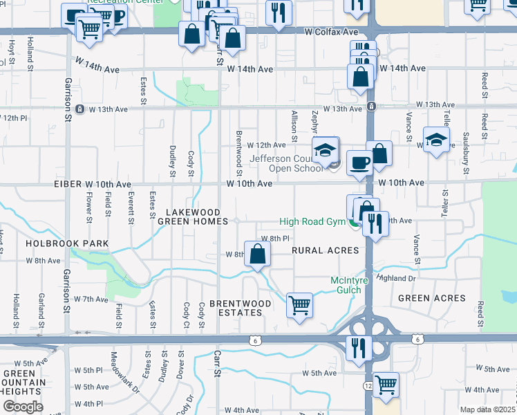 map of restaurants, bars, coffee shops, grocery stores, and more near 8181 West 9th Avenue in Lakewood