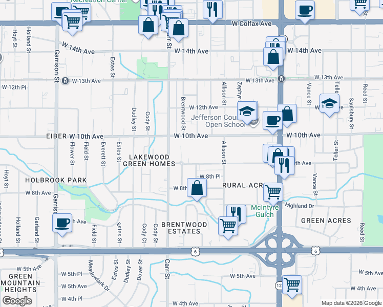 map of restaurants, bars, coffee shops, grocery stores, and more near 8181 West 9th Avenue in Lakewood