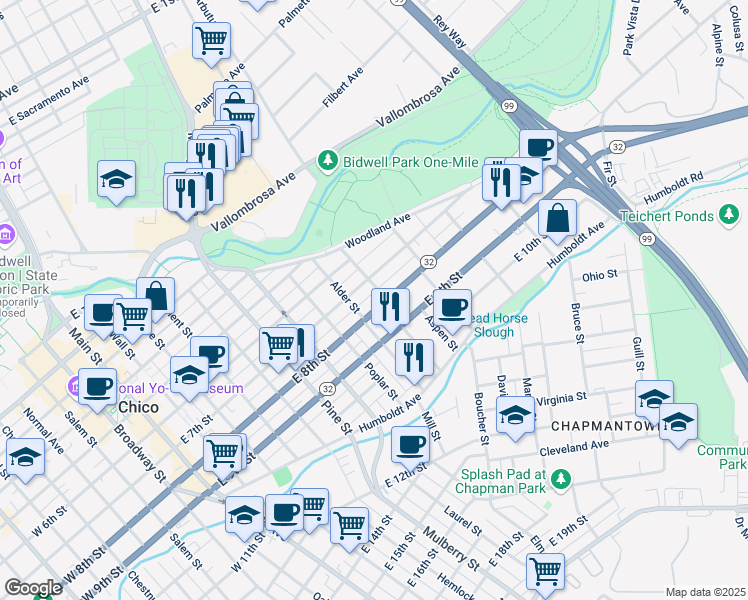 map of restaurants, bars, coffee shops, grocery stores, and more near 971 East 7th Street in Chico