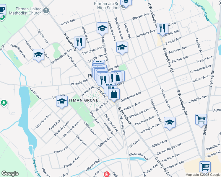 map of restaurants, bars, coffee shops, grocery stores, and more near 30 Pitman Avenue in Pitman