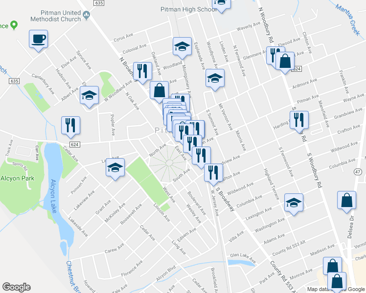 map of restaurants, bars, coffee shops, grocery stores, and more near 50 South Broadway in Pitman