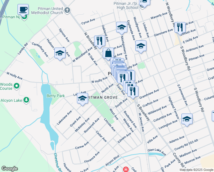 map of restaurants, bars, coffee shops, grocery stores, and more near 22 4th Avenue in Pitman