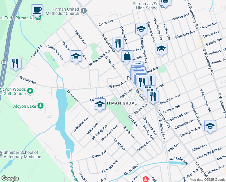 map of restaurants, bars, coffee shops, grocery stores, and more near 7th Avenue in Pitman