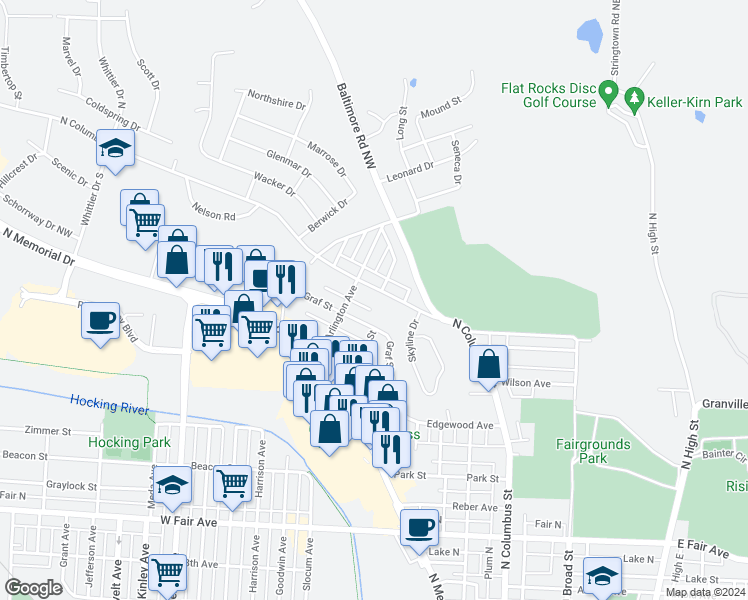 map of restaurants, bars, coffee shops, grocery stores, and more near 1427 North Columbus Street in Lancaster