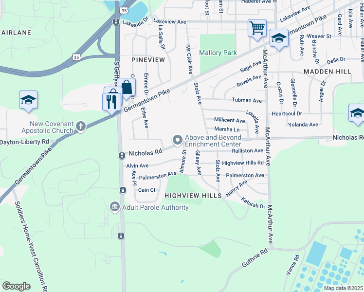 map of restaurants, bars, coffee shops, grocery stores, and more near 3800 Nicholas Road in Dayton