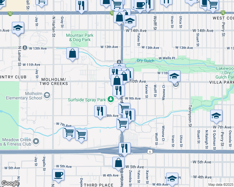map of restaurants, bars, coffee shops, grocery stores, and more near 935 North Sheridan Boulevard in Lakewood