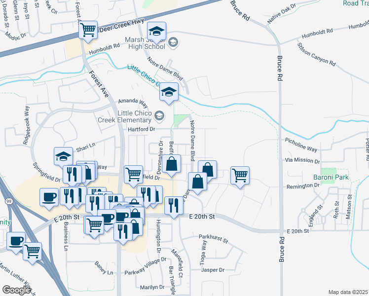 map of restaurants, bars, coffee shops, grocery stores, and more near 2187 Kenrick Lane in Chico