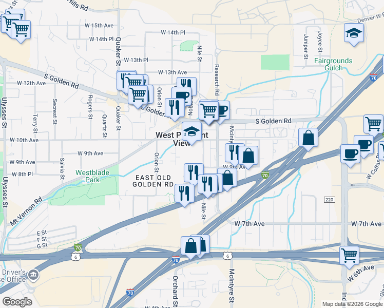 map of restaurants, bars, coffee shops, grocery stores, and more near 15920 West 10th Avenue in Golden