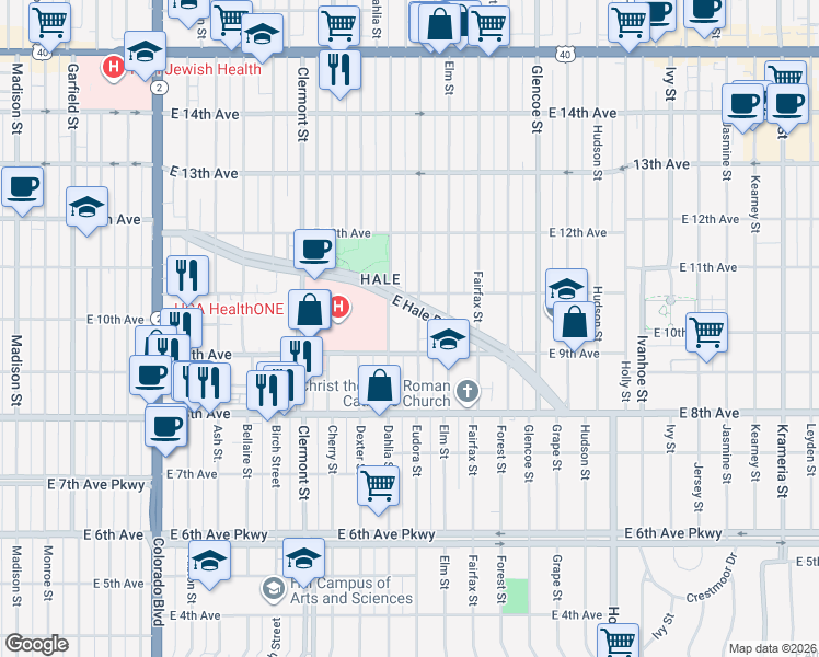 map of restaurants, bars, coffee shops, grocery stores, and more near 955 Eudora Street in Denver