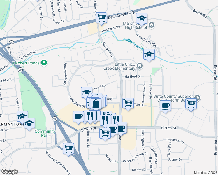 map of restaurants, bars, coffee shops, grocery stores, and more near 11 Kevin Court in Chico