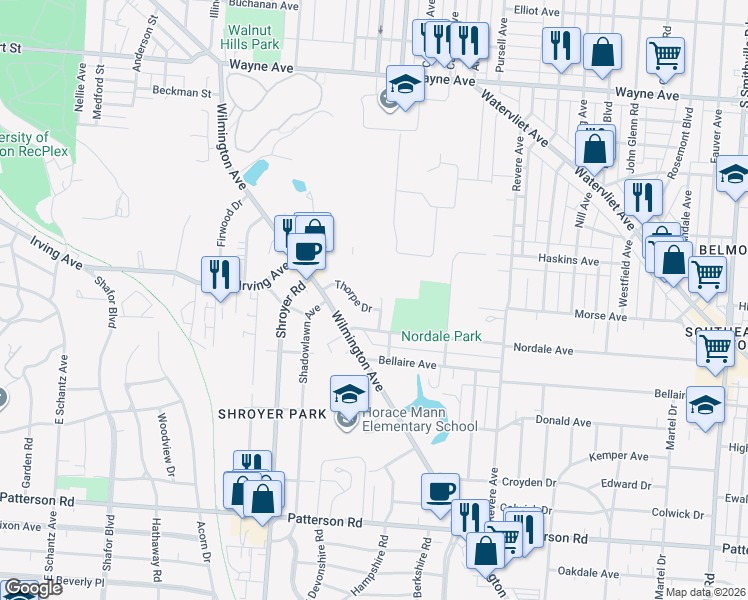 map of restaurants, bars, coffee shops, grocery stores, and more near 603 Allenwood Court in Dayton