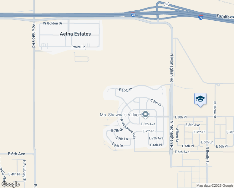 map of restaurants, bars, coffee shops, grocery stores, and more near 27514 East 10th Drive in Aurora