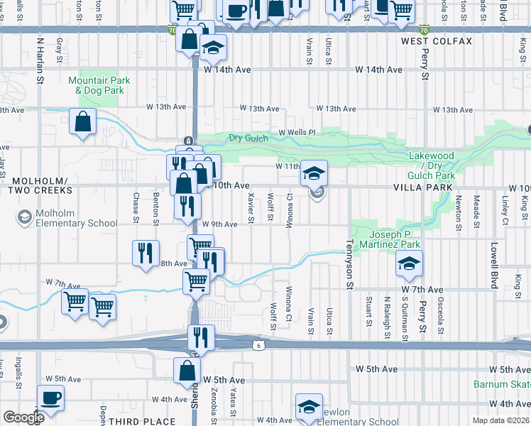 map of restaurants, bars, coffee shops, grocery stores, and more near 946 Xavier Street in Denver