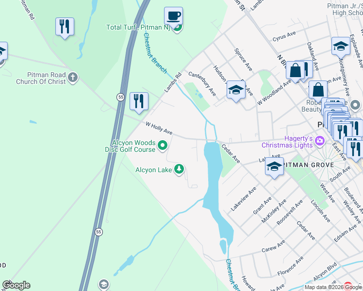 map of restaurants, bars, coffee shops, grocery stores, and more near 601 West Holly Avenue in Pitman