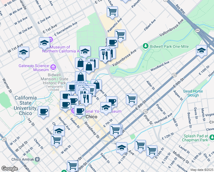 map of restaurants, bars, coffee shops, grocery stores, and more near 330 Olive Street in Chico