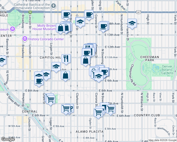 map of restaurants, bars, coffee shops, grocery stores, and more near 910 East 10th Avenue in Denver
