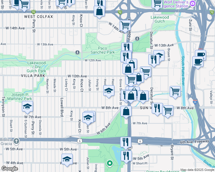 map of restaurants, bars, coffee shops, grocery stores, and more near 940 Hooker Street in Denver