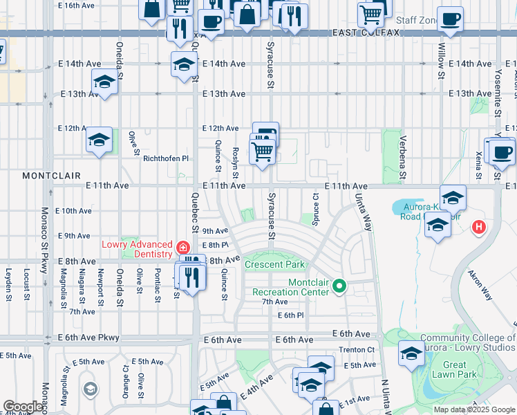 map of restaurants, bars, coffee shops, grocery stores, and more near 1006 Rosemary Street in Denver