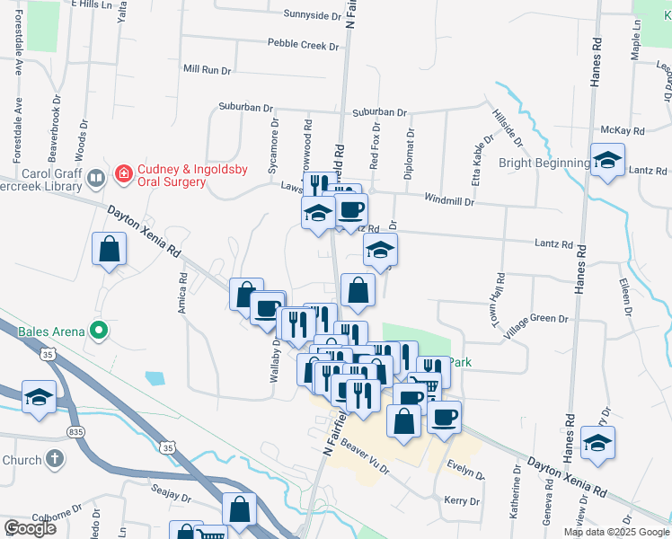 map of restaurants, bars, coffee shops, grocery stores, and more near 1442 N Fairfield Rd in Beavercreek