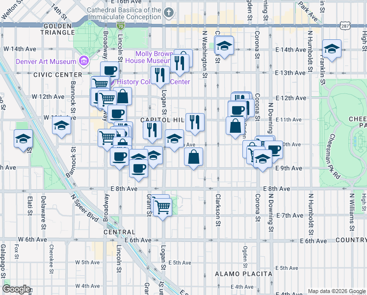 map of restaurants, bars, coffee shops, grocery stores, and more near 970 Pennsylvania Street in Denver
