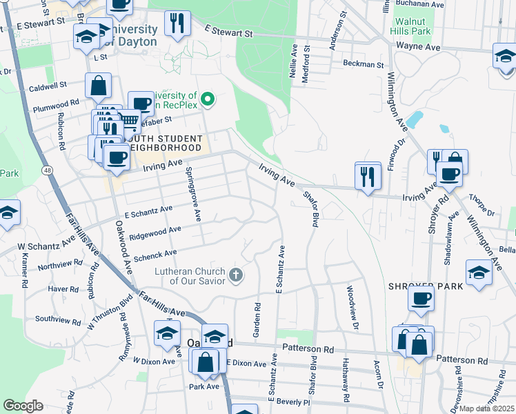 map of restaurants, bars, coffee shops, grocery stores, and more near 610 East Schantz Avenue in Dayton