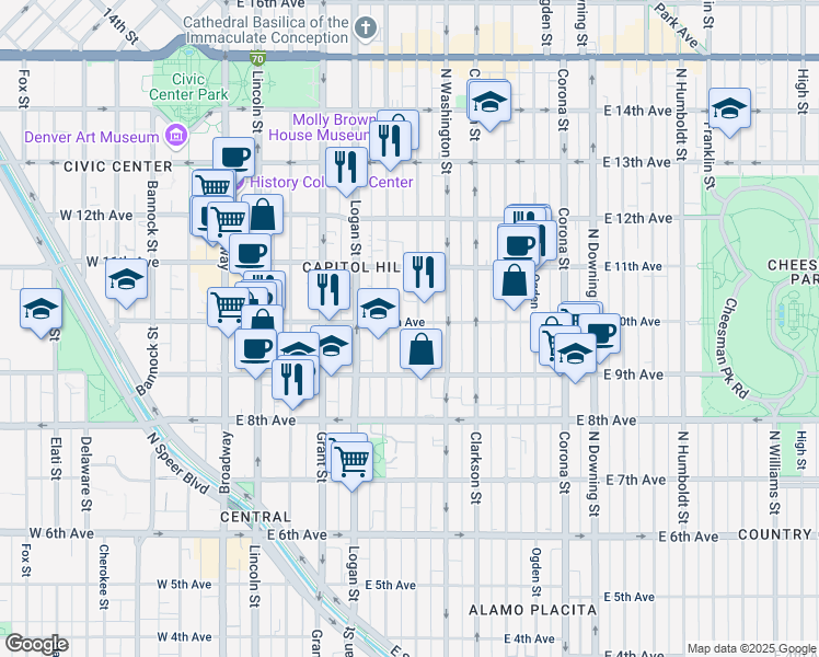 map of restaurants, bars, coffee shops, grocery stores, and more near 999 Pearl Street in Denver
