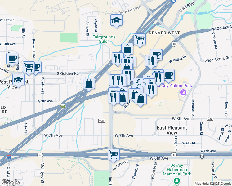 map of restaurants, bars, coffee shops, grocery stores, and more near 14700 West Colfax Avenue in Golden