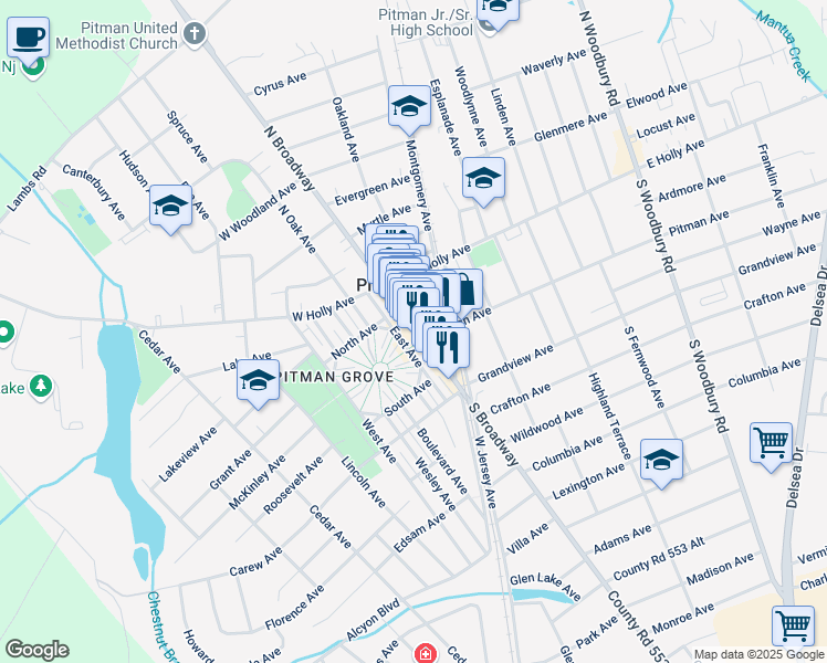 map of restaurants, bars, coffee shops, grocery stores, and more near 58 South Broadway in Pitman