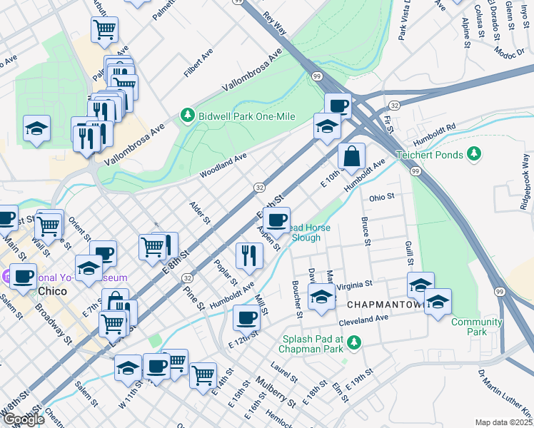 map of restaurants, bars, coffee shops, grocery stores, and more near 900 Linden Street in Chico