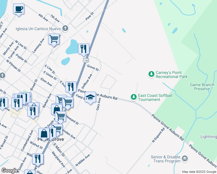 map of restaurants, bars, coffee shops, grocery stores, and more near 175 Penns Grove Auburn Road in Penns Grove