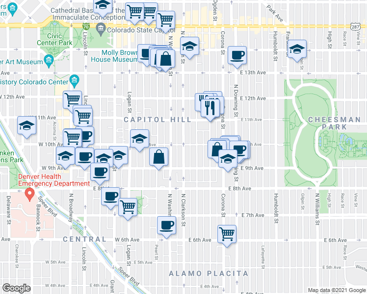 map of restaurants, bars, coffee shops, grocery stores, and more near 980 Clarkson Street in Denver