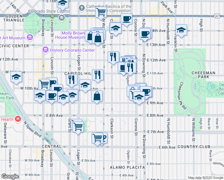 map of restaurants, bars, coffee shops, grocery stores, and more near 980 Clarkson Street in Denver