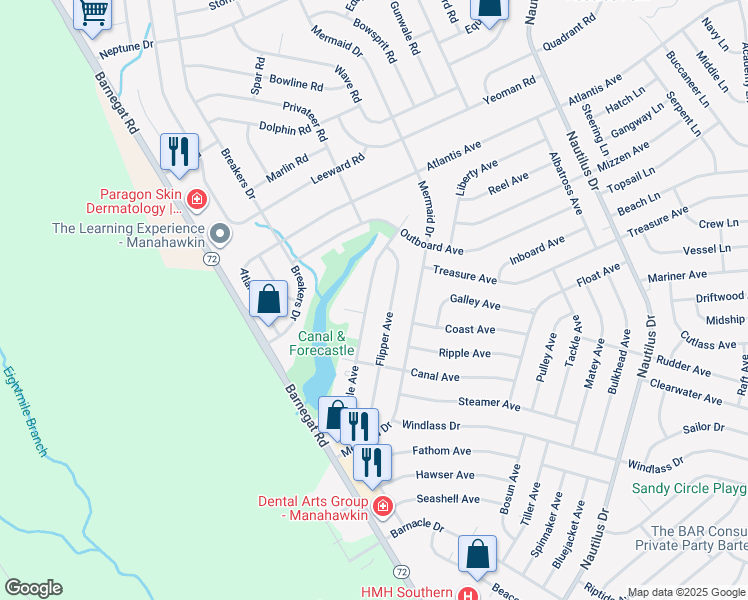 map of restaurants, bars, coffee shops, grocery stores, and more near 1494 Forecastle Avenue in Stafford Township