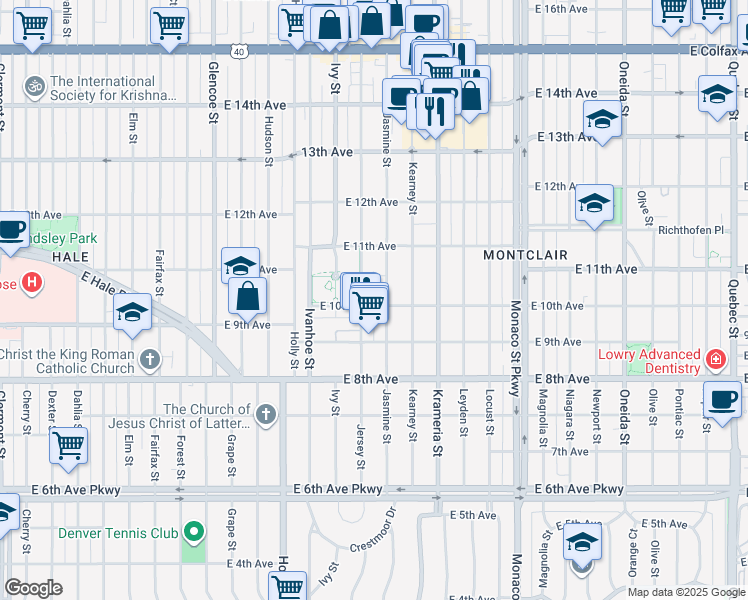 map of restaurants, bars, coffee shops, grocery stores, and more near 5955 East 10th Avenue in Denver