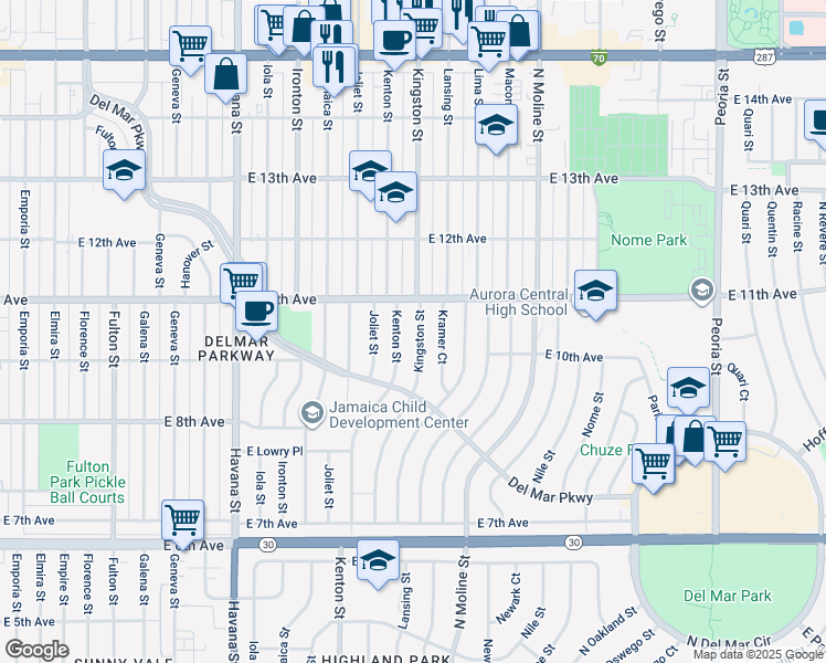 map of restaurants, bars, coffee shops, grocery stores, and more near 1055 Kingston Street in Aurora
