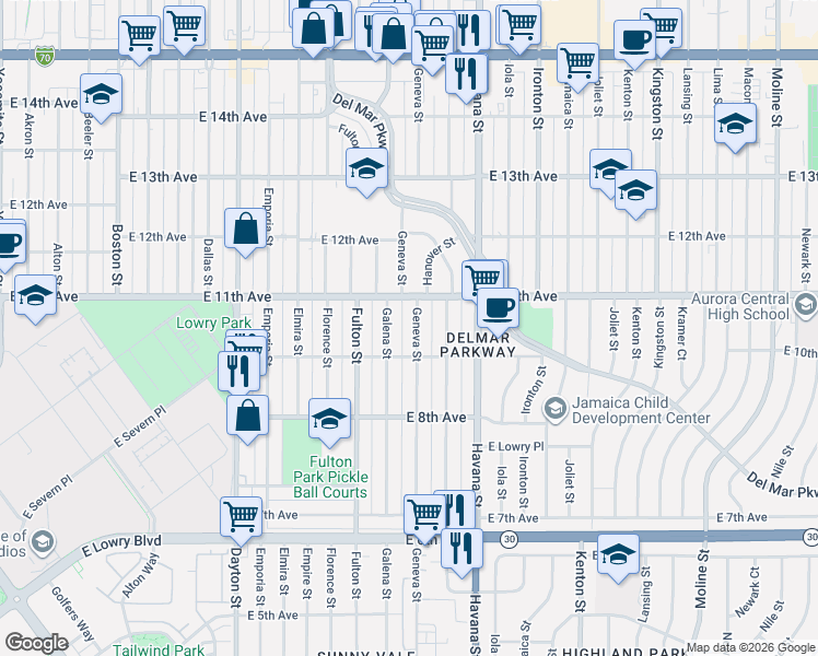 map of restaurants, bars, coffee shops, grocery stores, and more near 1052 Geneva Street in Aurora