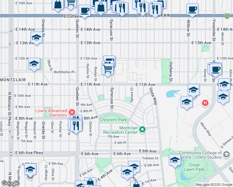 map of restaurants, bars, coffee shops, grocery stores, and more near 1029 Syracuse Court in Denver
