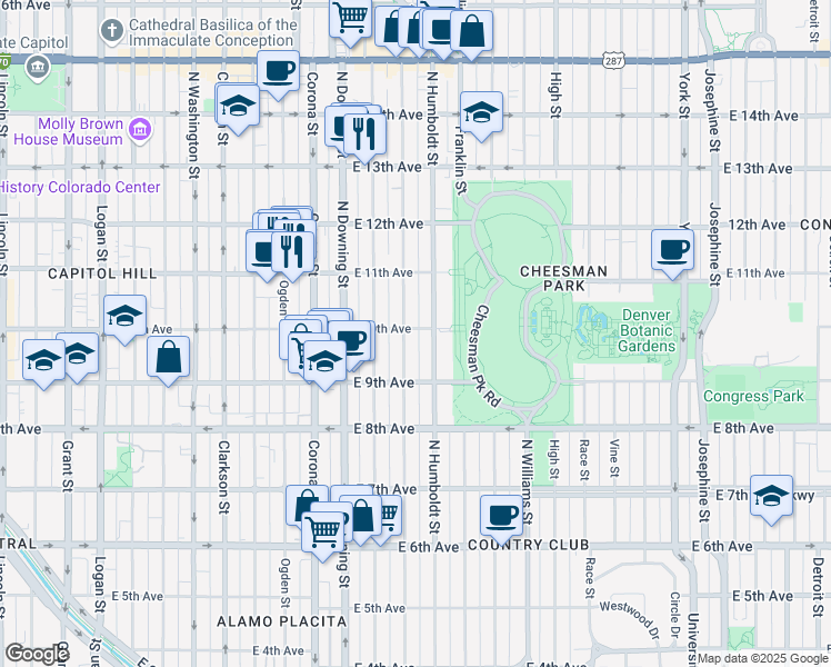 map of restaurants, bars, coffee shops, grocery stores, and more near 1500 East 10th Avenue in Denver