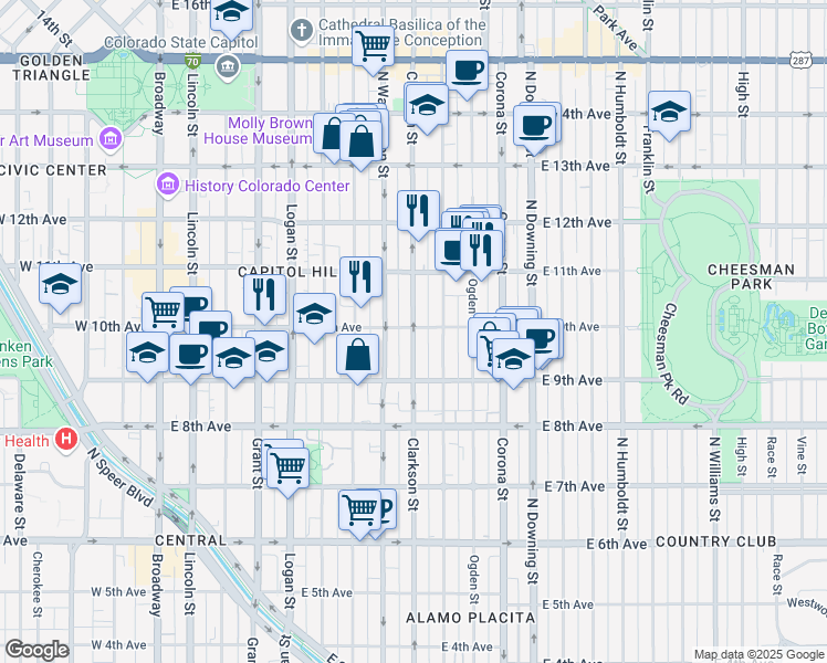 map of restaurants, bars, coffee shops, grocery stores, and more near 980 North Clarkson street in Denver