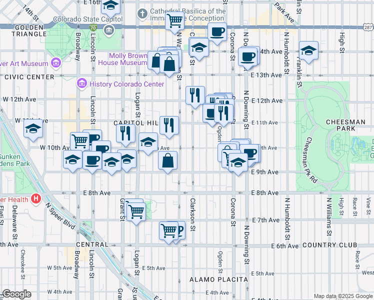 map of restaurants, bars, coffee shops, grocery stores, and more near 980 North Clarkson street in Denver
