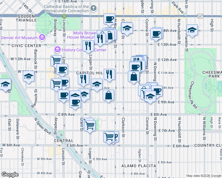map of restaurants, bars, coffee shops, grocery stores, and more near 975 North Washington Street in Denver