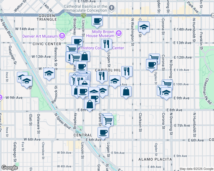 map of restaurants, bars, coffee shops, grocery stores, and more near 420 East 10th Avenue in Denver