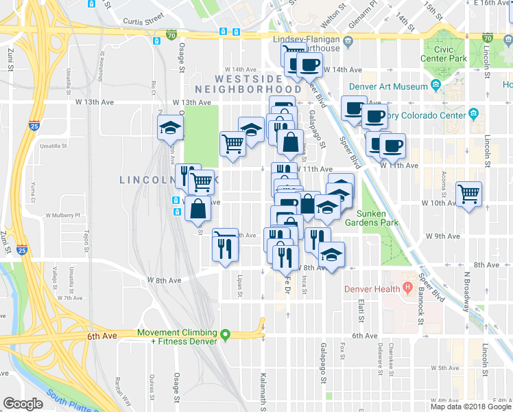 map of restaurants, bars, coffee shops, grocery stores, and more near 990 Kalamath Street in Denver