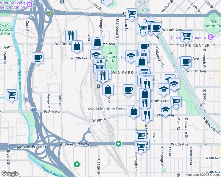 map of restaurants, bars, coffee shops, grocery stores, and more near 1322 West 10th Avenue in Denver