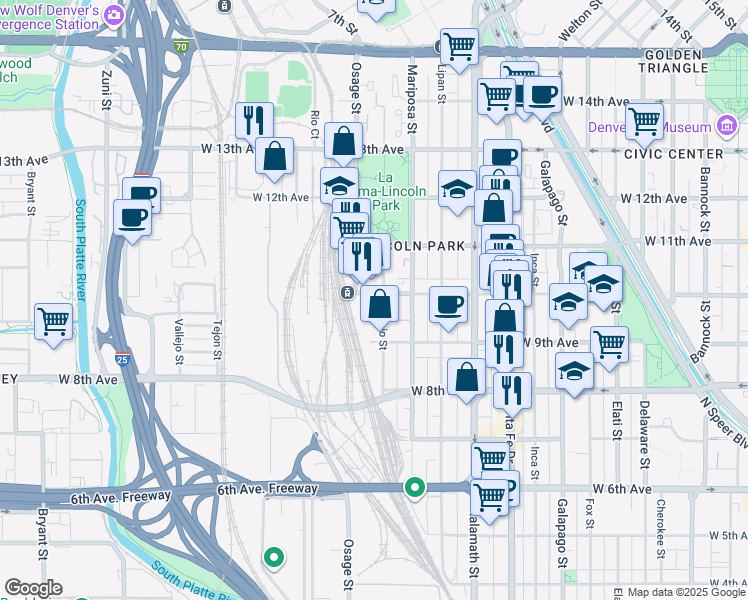 map of restaurants, bars, coffee shops, grocery stores, and more near in Denver