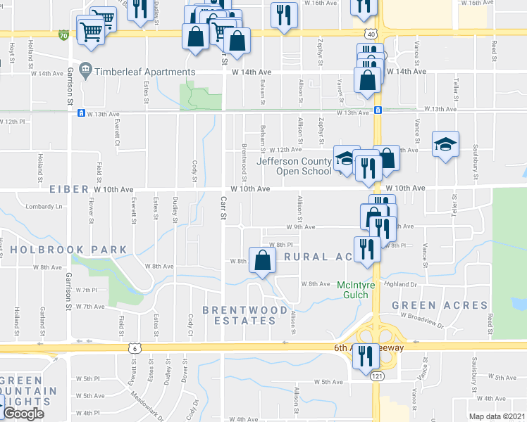 map of restaurants, bars, coffee shops, grocery stores, and more near 8181 West 9th Avenue in Lakewood