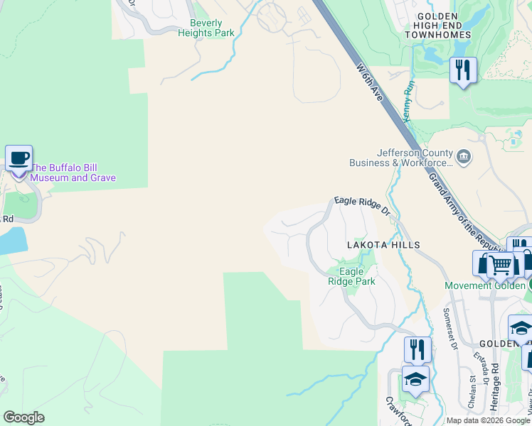 map of restaurants, bars, coffee shops, grocery stores, and more near 854 Shelton Road in Golden