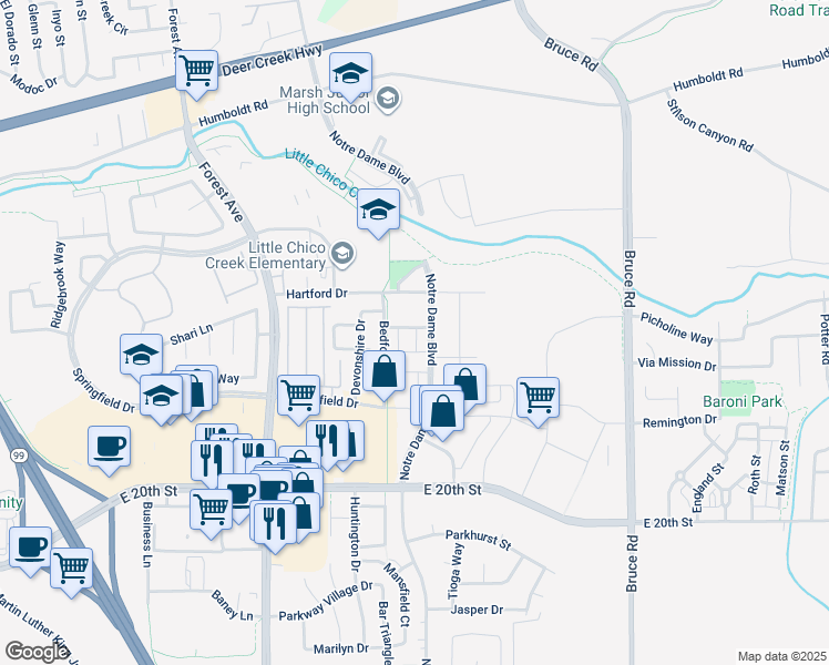map of restaurants, bars, coffee shops, grocery stores, and more near 1800 Notre Dame Boulevard in Chico