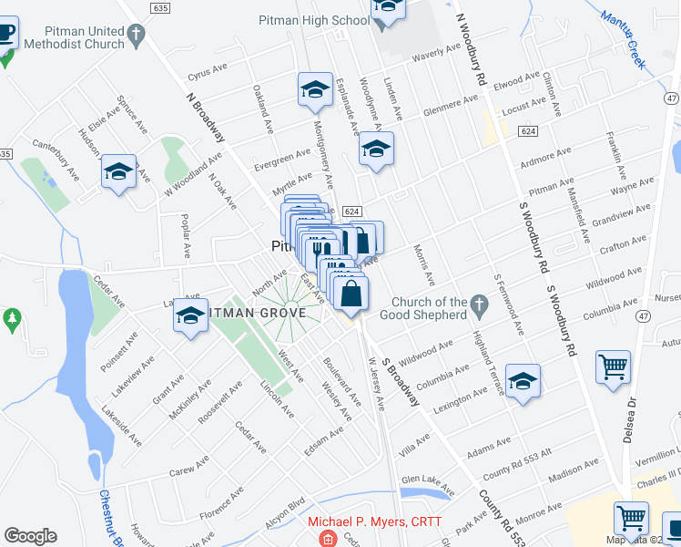 map of restaurants, bars, coffee shops, grocery stores, and more near 30 Pitman Avenue in Pitman